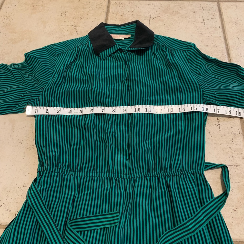 Vintage EATON 100% Silk Teal Black Striped Midi Dress Belted Button-Front Size 7 - Picture 5 of 7